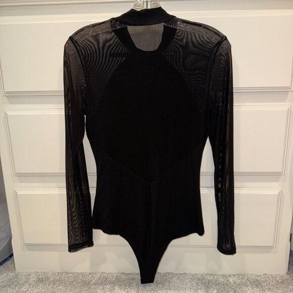 Women's Size Medium Lulus Entrancing Black Mesh Long Sleeve Bodysuit - Picture 5 of 6